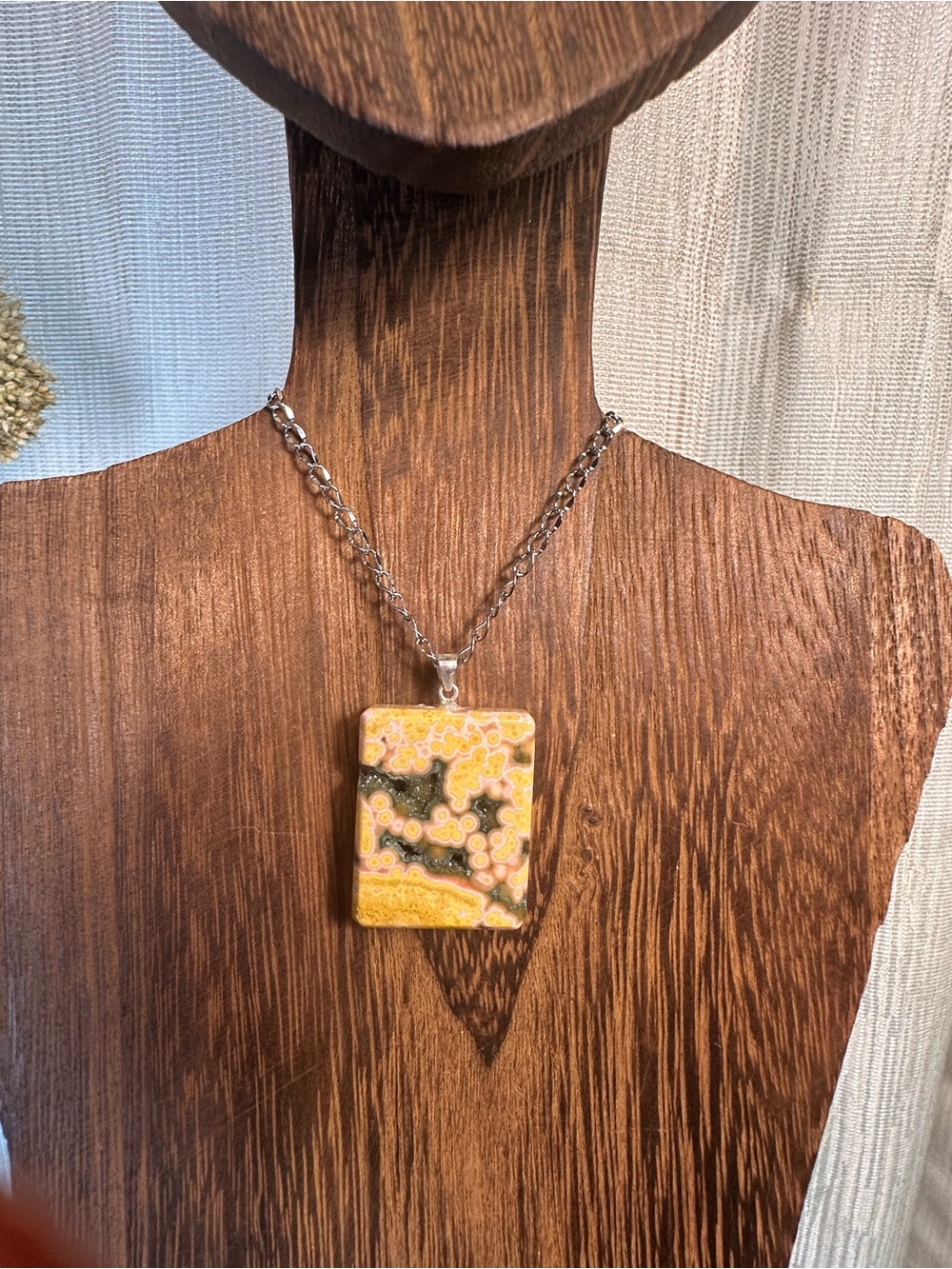 Yellow and Black Druzy Ocean Jasper Pendant Necklace on Stainless Steel Chain - Picture 12 of 16